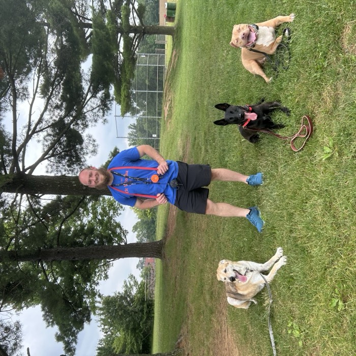 Nick standing with three dogs holding a down-stay